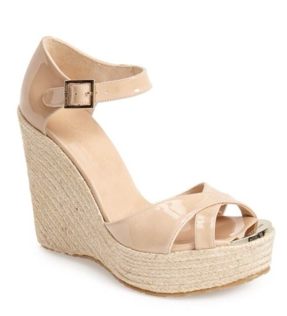 JIMMY CHOO Pallis Nude Patent Leather Espadrille Wedge Sandals Size 9
